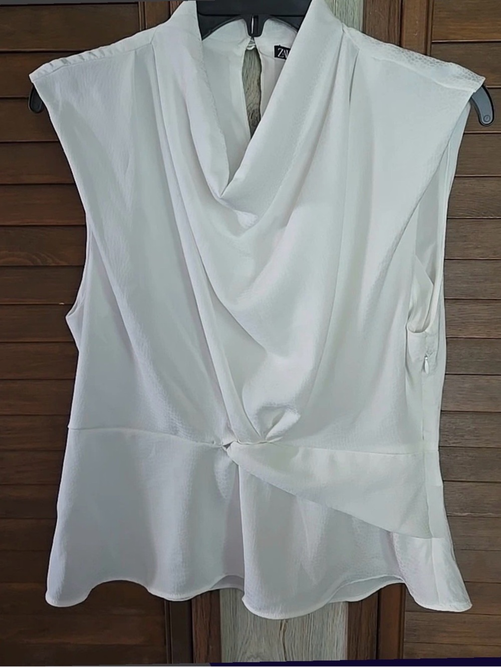 NWT Zara White Knotted Front Cowl Neck Sleeveless Blouse Women’s Size Lg